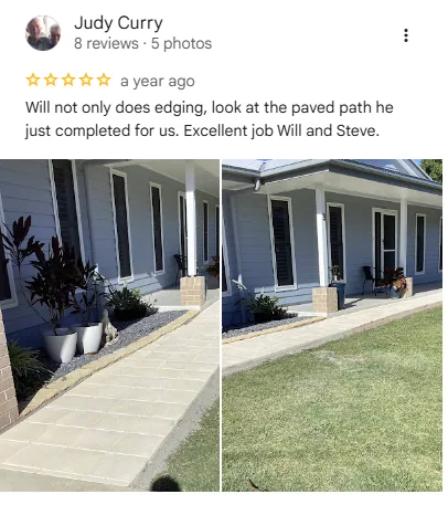 Original five-star Google review screenshot from Judy Curry with garden edging and paved path feedback