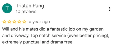 Original five-star Google review screenshot from Tristan Pang with garden and driveway feedback