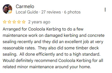 Original five-star Google review screenshot from Carmelo with kerbing maintenance and concrete sealing feedback